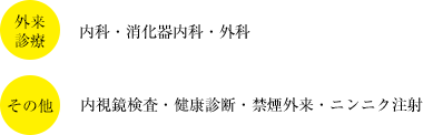 外来診療：内科・消化器内科・外科 / その他：内視鏡検査・健康診断・禁煙外来・ニンニク注射