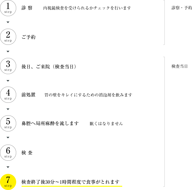 1.診察：内視鏡検査を受けられるかチェックを行います　2.ご予約　3.後日、ご来院（検査当日）　4.前処置　胃の壁をキレイにするための消泡剤を飲みます　5.鼻腔へ局所麻酔を流します、眠くはなりません　6.検査　7.検査終了後30分〜1時間程度で食事がとれます